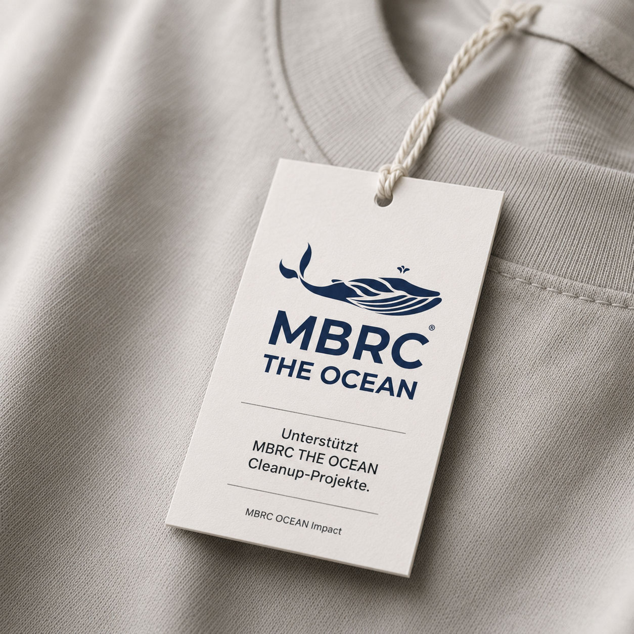 T-Shirt-Hangtag mit MBRC Logo und projektbezogener Impact-Aussage