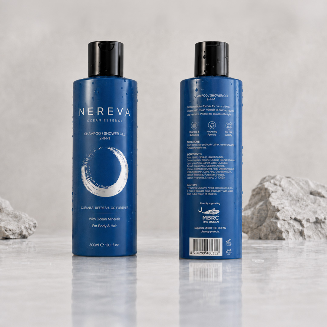 Fiktives Duschgel mit MBRC THE OCEAN Impact-Hinweis auf der Rückseite