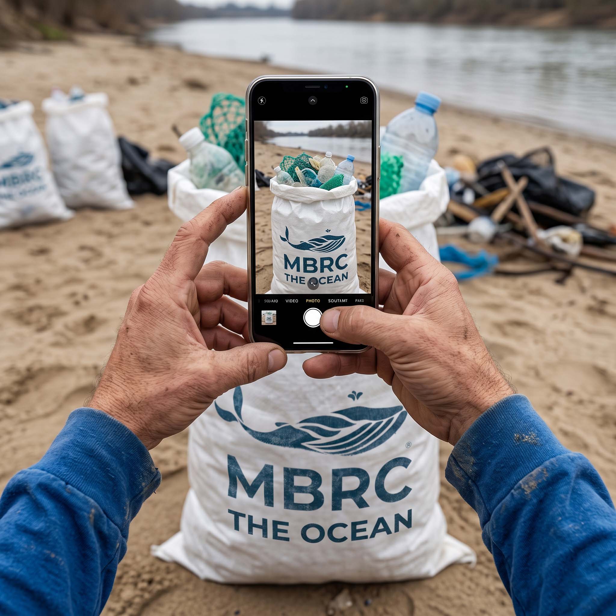MBRC THE OCEAN Müllsack wird per Smartphone für das Tracking dokumentiert